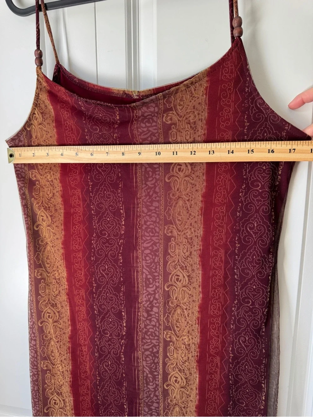 Vintage Y2K Boho Maxi Slip Dress Burgundy Gold Damask Scroll Stripe Mesh Size M - Picture 11 of 12